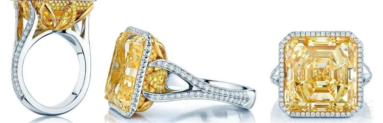 Yellow diamond ring shown from the side and from above